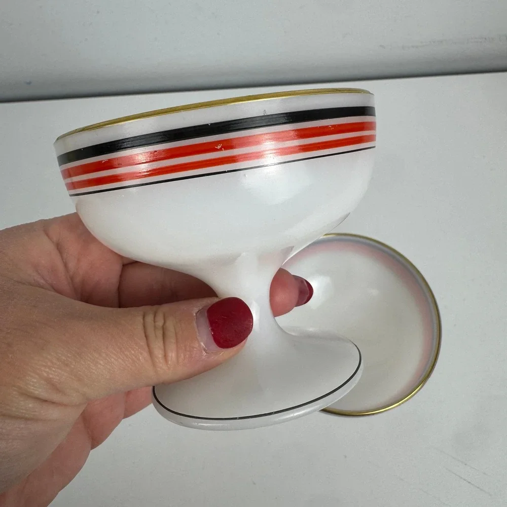 Vtg Platonite MCM Dessert Bowls Red Black Gold Striped Footed Sherbet Set of 2‎